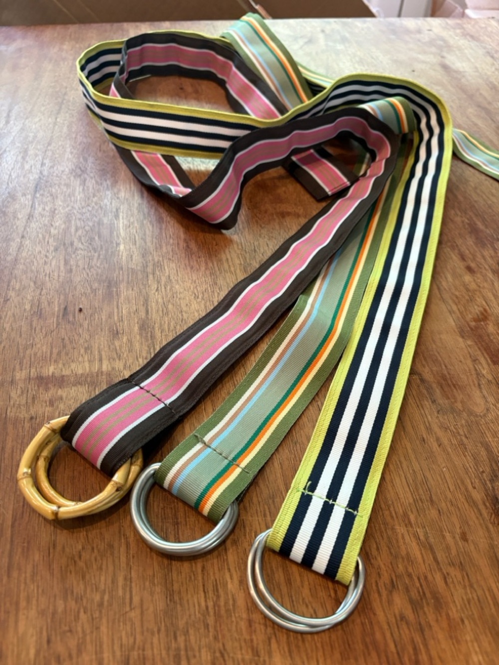 J. Crew Striped Ribbon D-Ring Belts in Pink, Green, Navy and Yellow, Brown